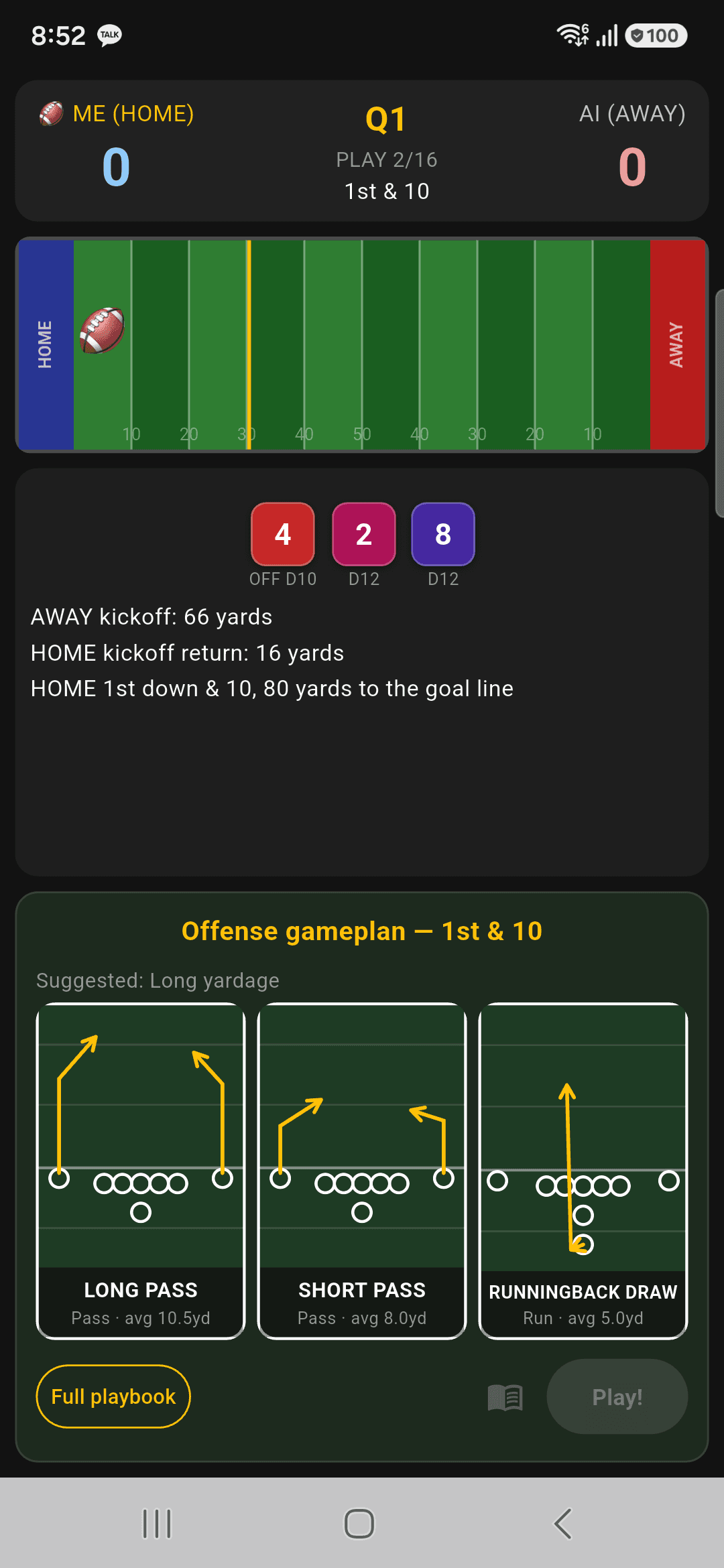 Football Dice offense playbook screen
