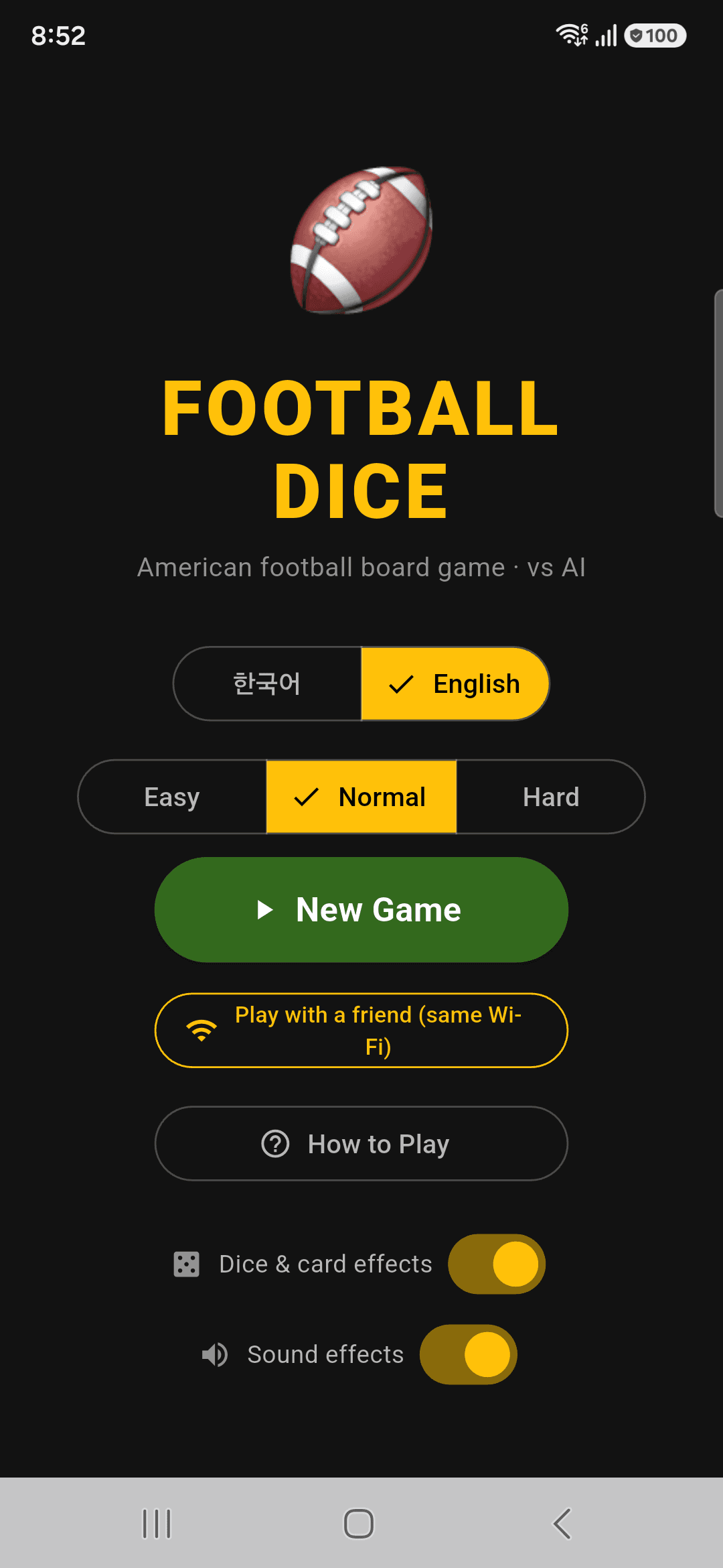 Football Dice home screen