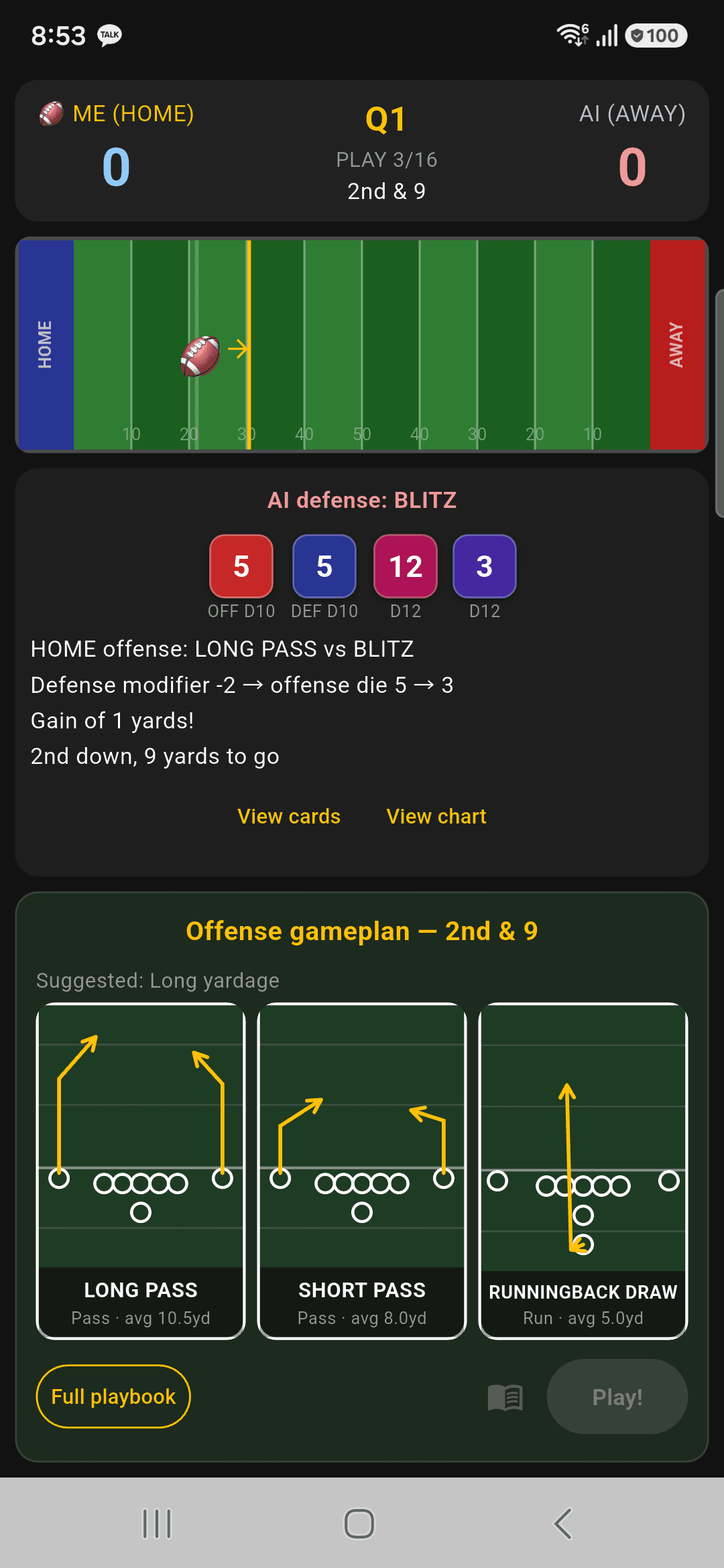 Football Dice dice resolution result screen