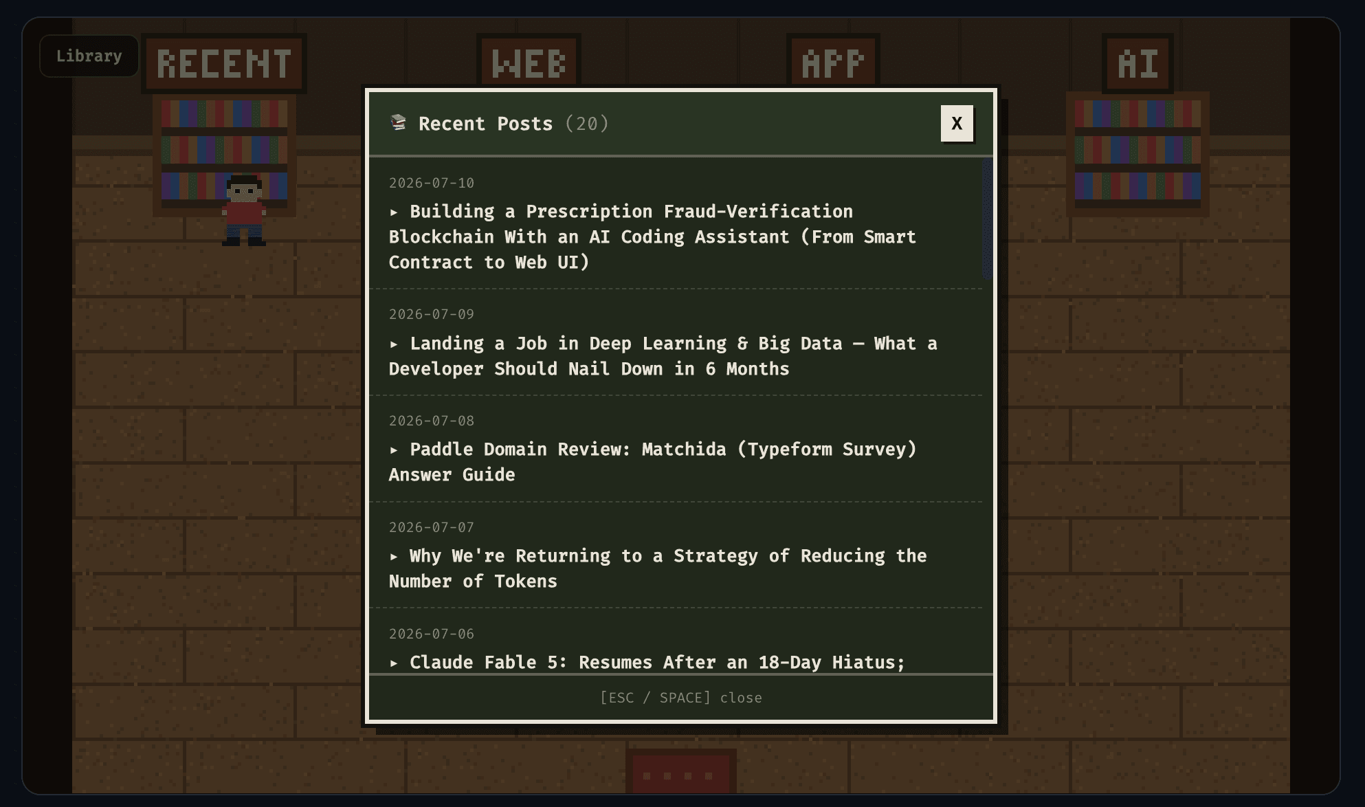 Pixel village library recent posts modal
